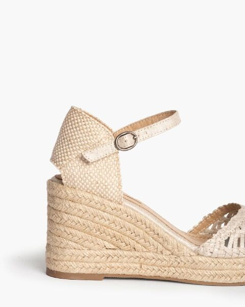 Beige Textured Wedge Sandal with Ankle Strap