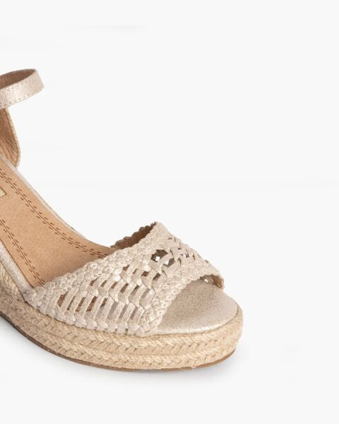 Beige Textured Wedge Sandal with Ankle Strap