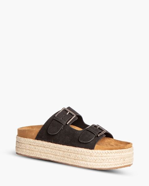 Black Suede Platform Sandals with Buckle Accents