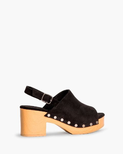 Black Suede Platform Clogs with Buckle Strap
