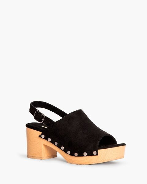 Black Suede Platform Clogs with Buckle Strap