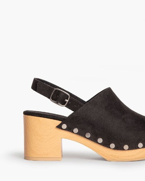 Black Suede Platform Clogs with Buckle Strap