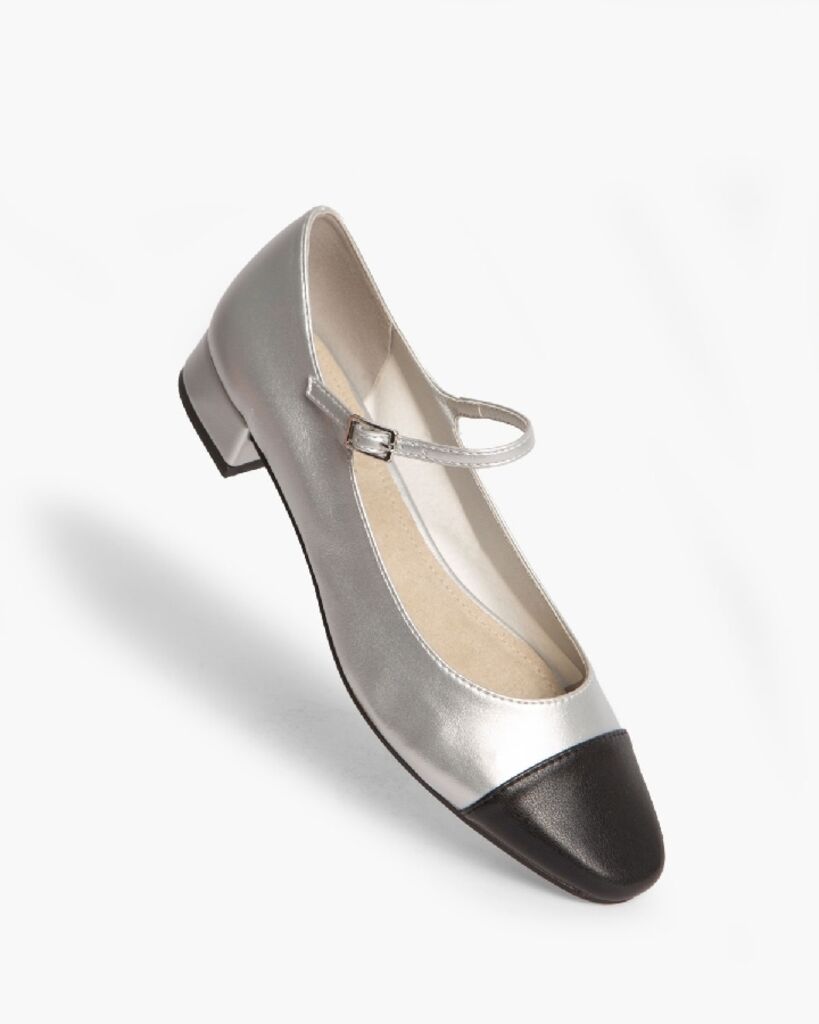 Silver Patent Leather Mary Jane Flats with Black Cap-Toe