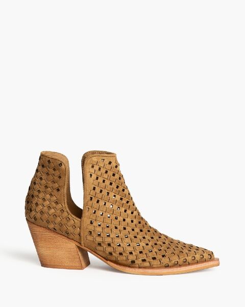 Tan Perforated Ankle Boot with Block Heel