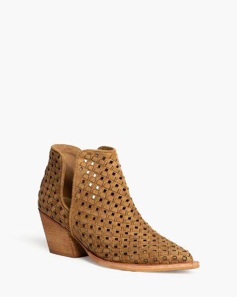 Tan Perforated Ankle Boot with Block Heel