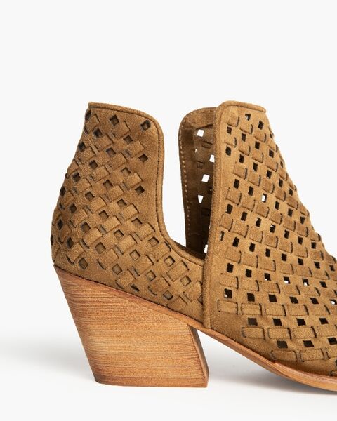 Tan Perforated Ankle Boot with Block Heel