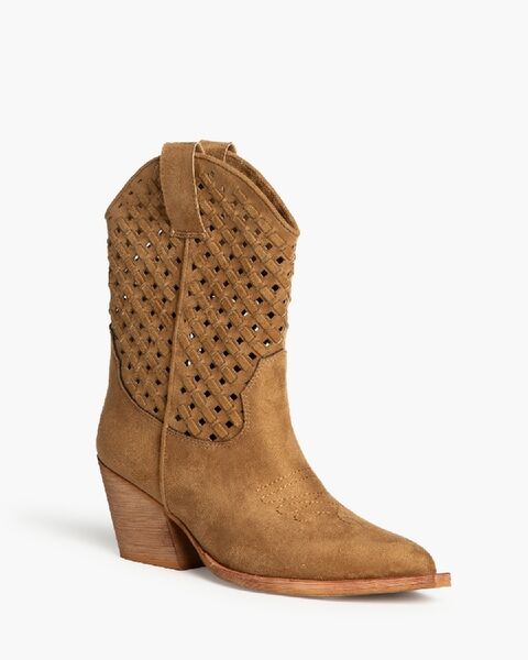 Tan Suede Western Boots with Cutout Design