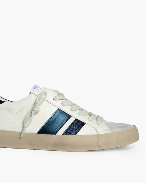 White Leather Sneakers with Blue Stripes