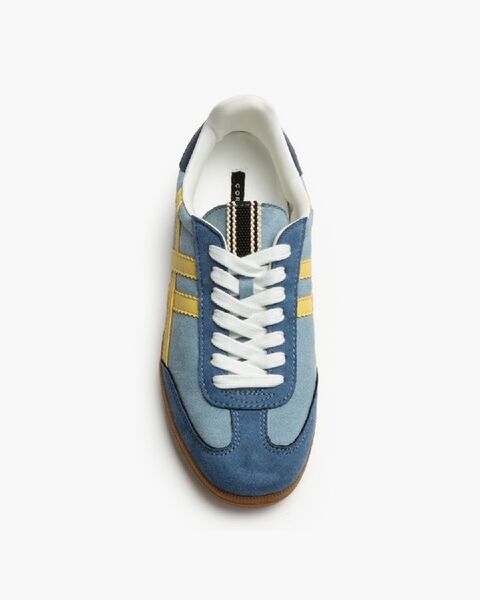 Blue Suede Sneakers with Yellow Stripes