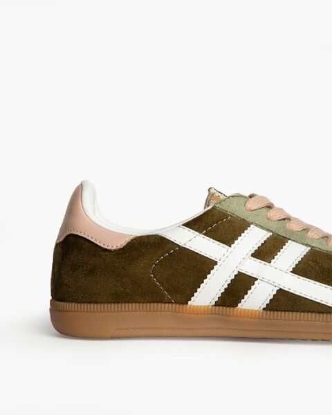 Olive Suede Low-Top Sneakers with White Stripes