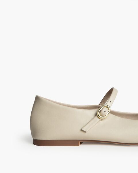 Beige Leather Flat Mary Jane Shoe with Strap