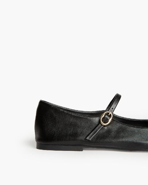 Black Faux Leather Mary Jane Flats with Buckle Strap