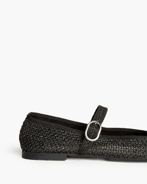 Black Textured Mary Jane Flats with Buckle Strap