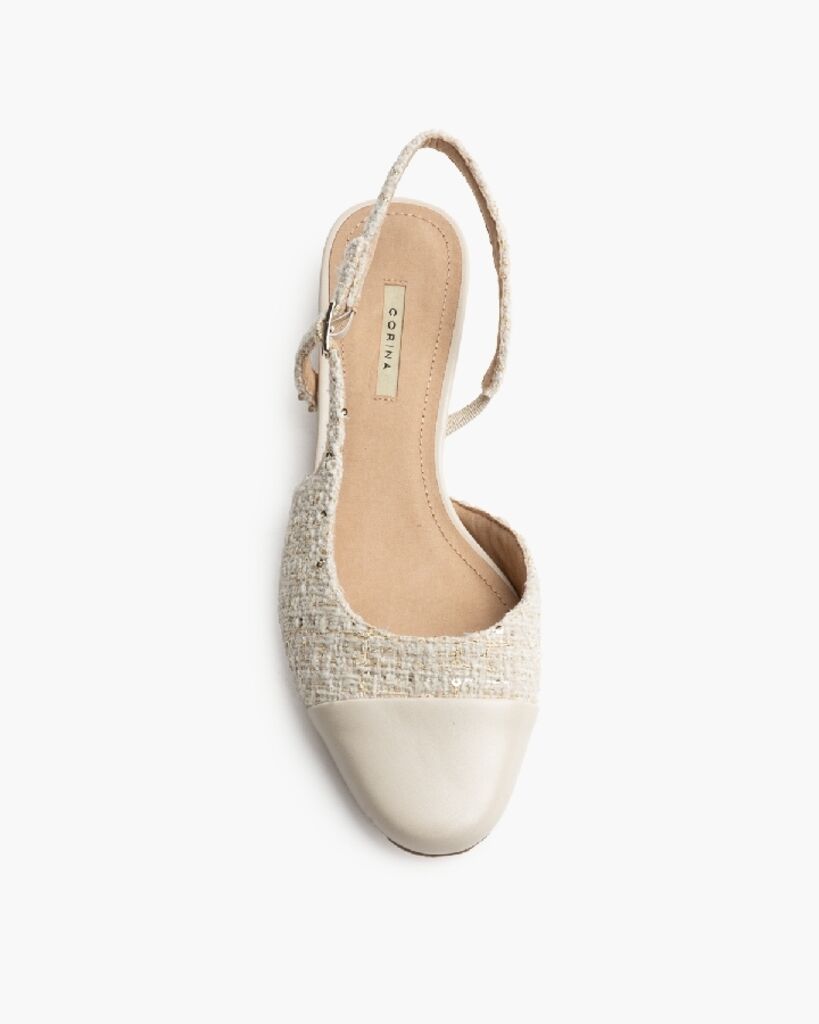 Cream Textured Slingback Low Heel Shoe