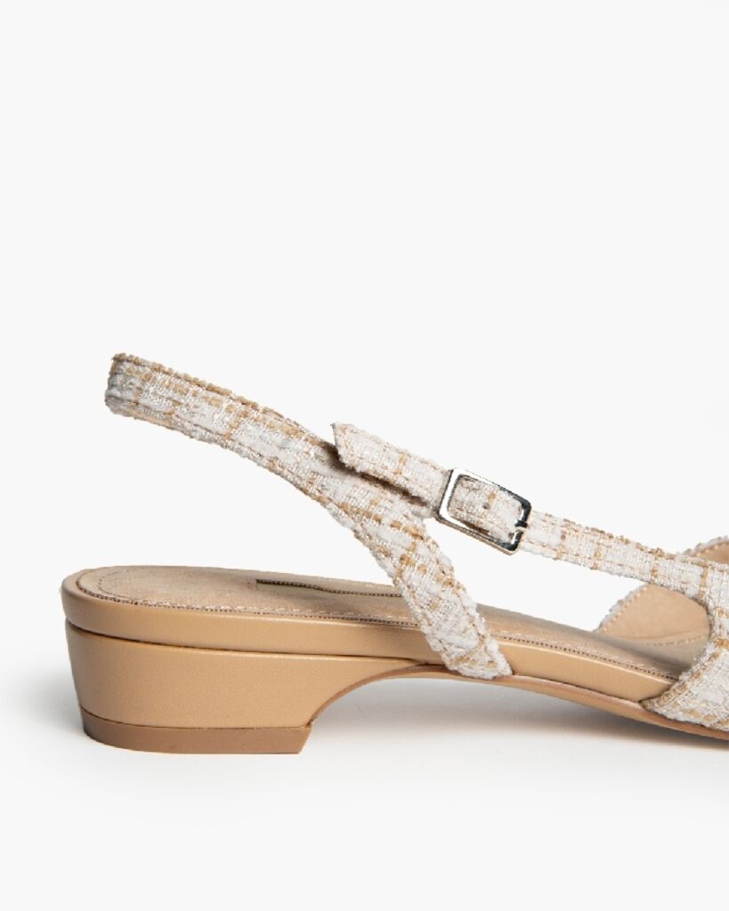 Beige Tweed Slingback Flats with Cap Toe