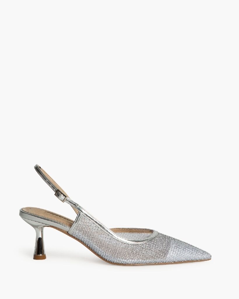Silver Metallic Slingback Kitten Heel Shoes