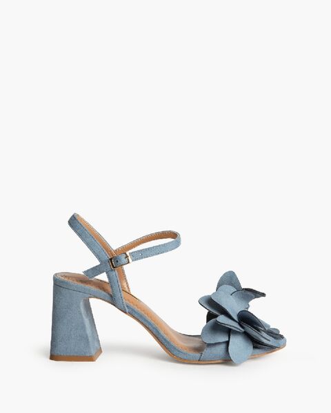 Blue Suede Block Heel Sandals with Floral Accent