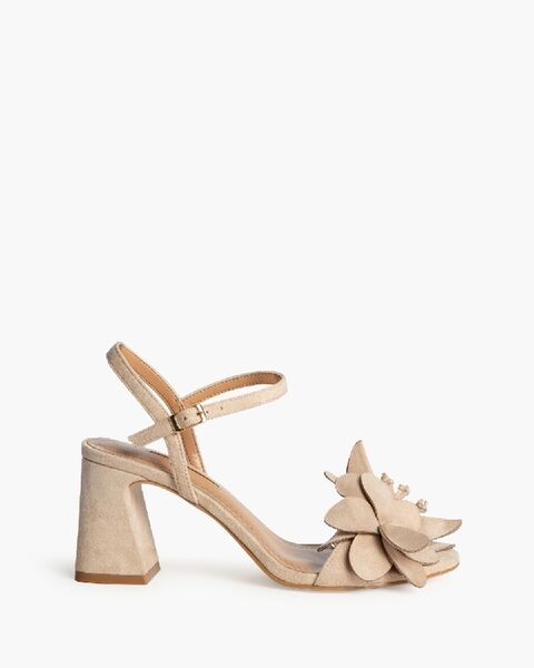 Beige Suede Sandal with Floral Accent
