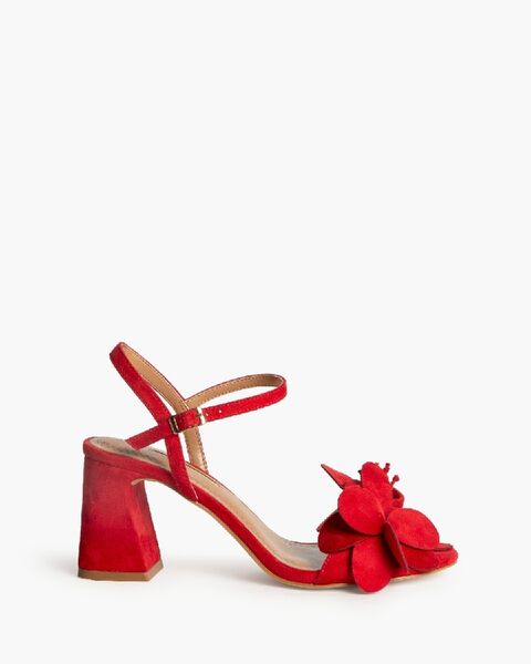 Red Suede Block Heel Sandal with Floral Accent