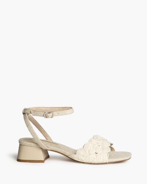 Beige Textured Sandal with Block Heel