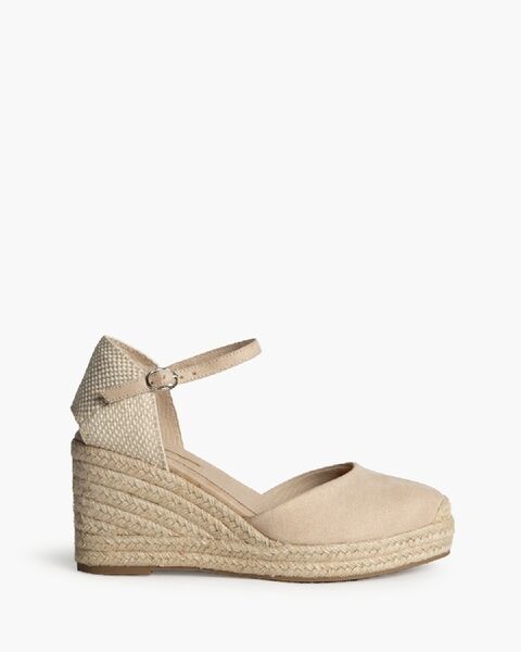Beige Canvas Wedge Sandals with Ankle Strap