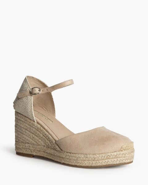 Beige Canvas Wedge Sandals with Ankle Strap