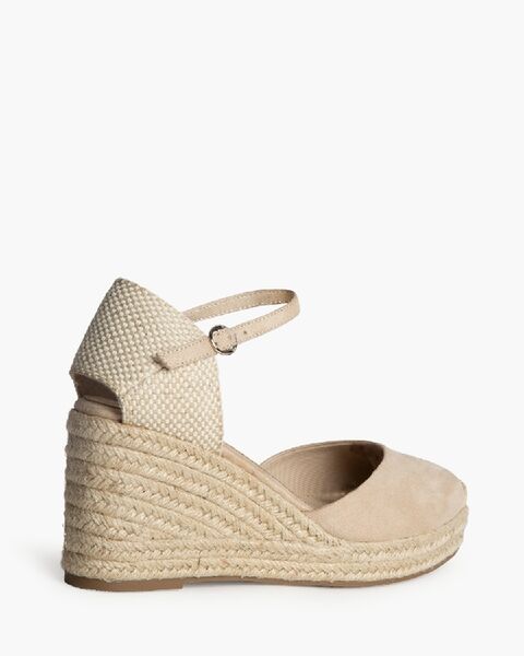 Beige Canvas Wedge Sandals with Ankle Strap