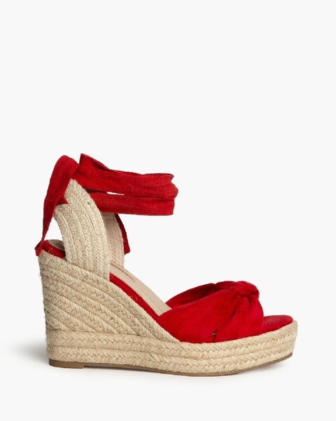 Red Fabric Wedge Sandal with Tie Closure