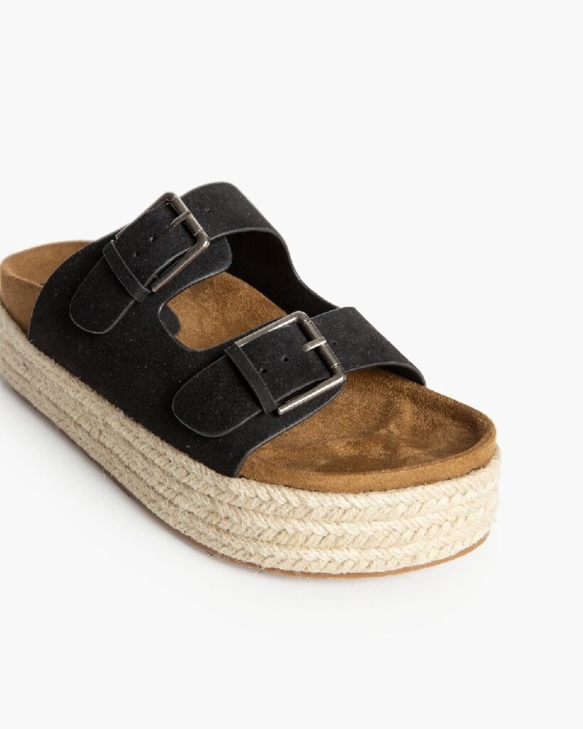 Black Suede Platform Sandals with Buckle Detail