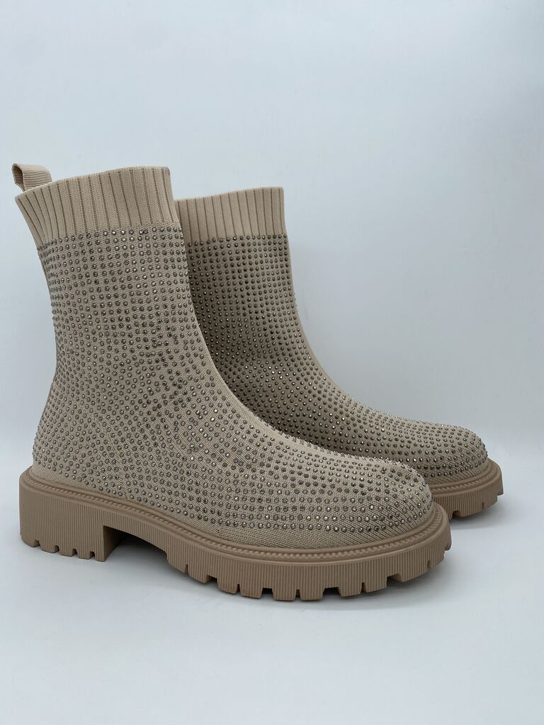 Beige Knit Ankle Boots with Rhinestone Detail