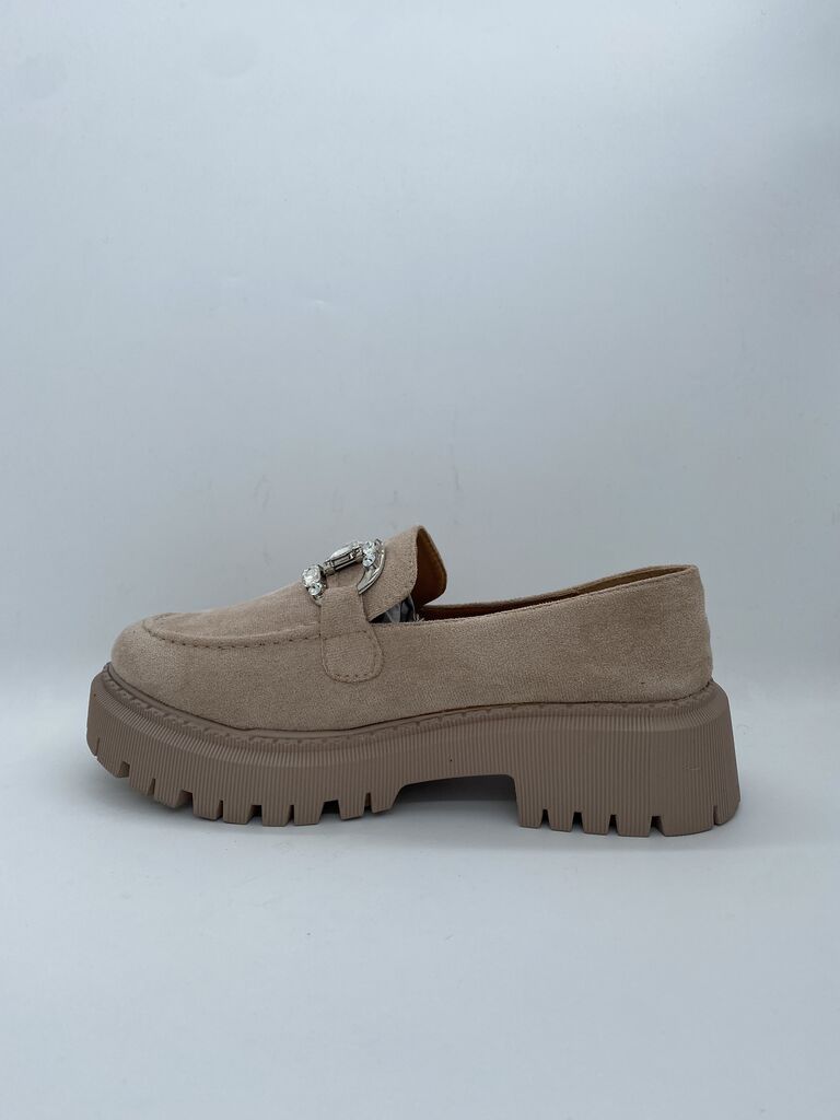 Beige Suede Platform Loafers with Buckle Accent