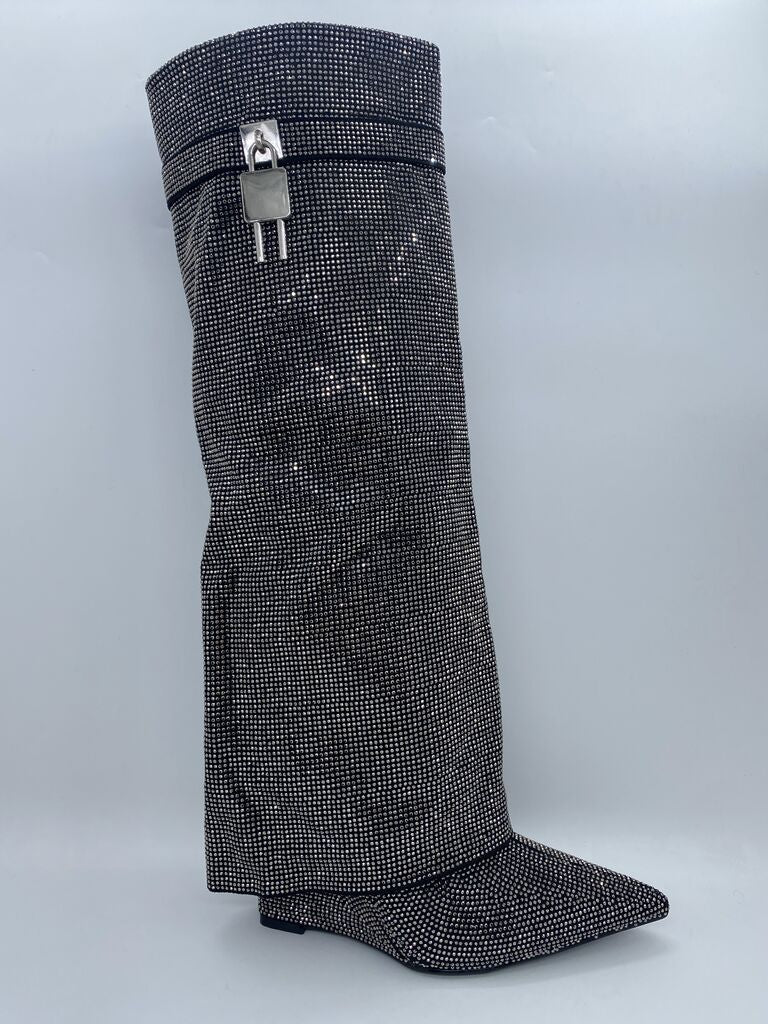Black Beaded Over-the-Knee Boot with Padlock Detail