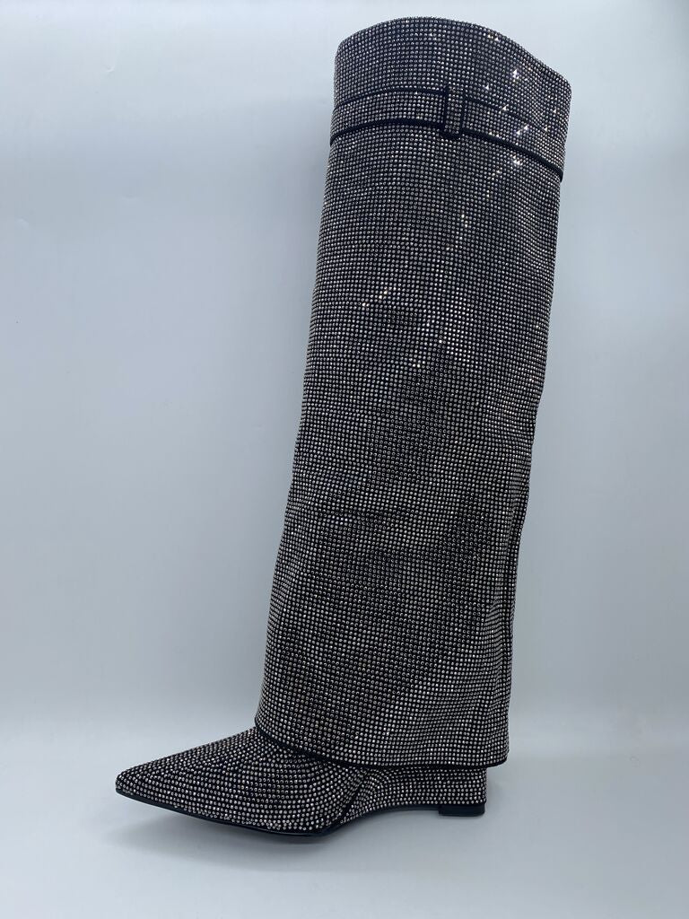 Black Beaded Over-the-Knee Boot with Padlock Detail