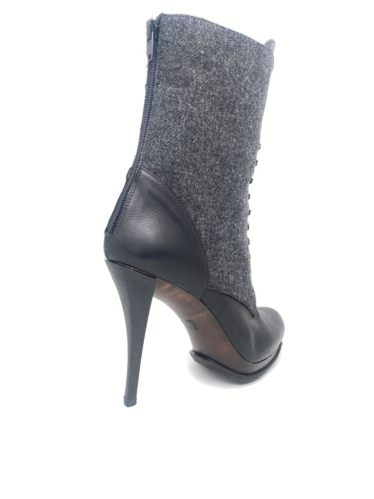 Charcoal Wool Lace-Up Ankle Boot with Sleek Heel