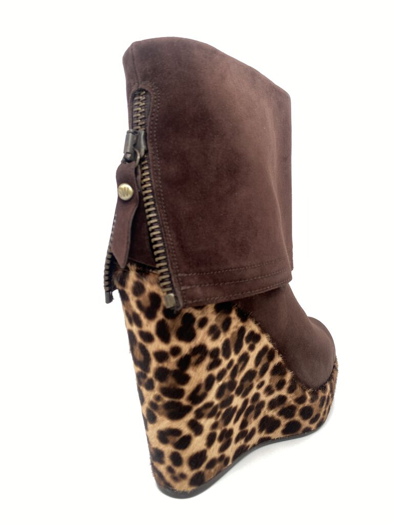 Brown Suede Ankle Boot with Leopard Wedge Detail