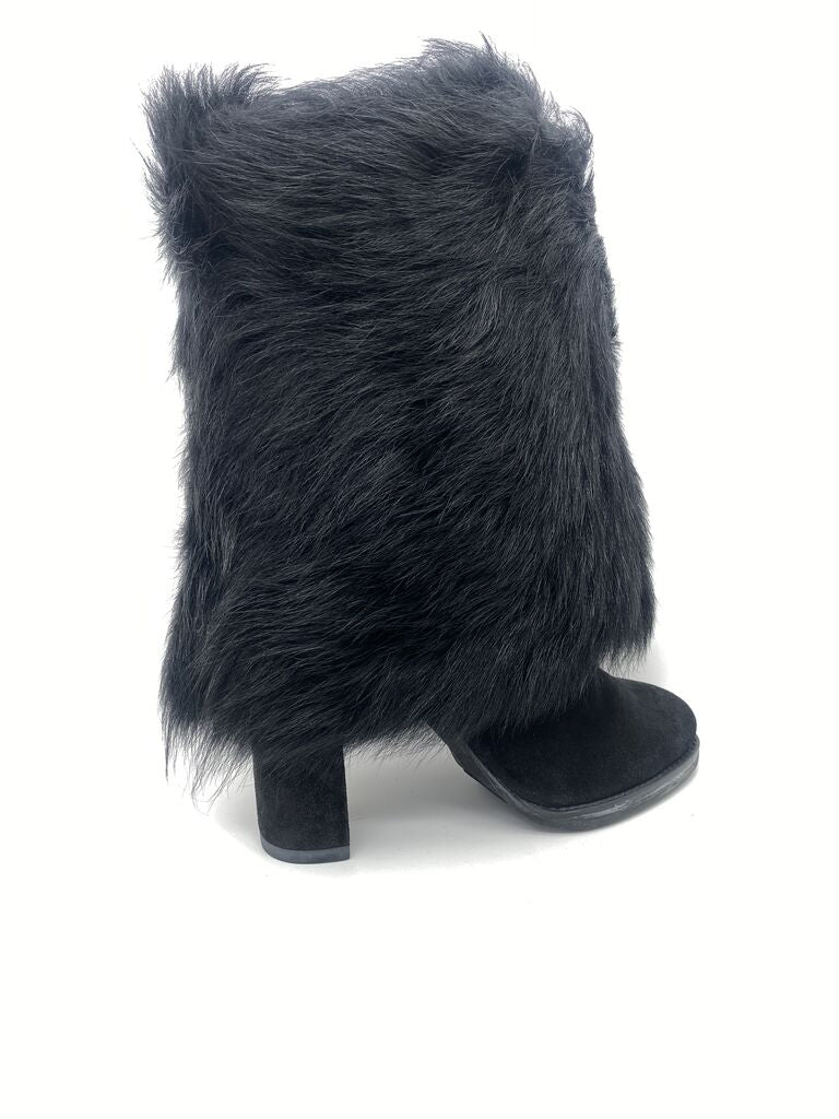 Black Faux Fur Mid-Calf Boot with Chunky Heel