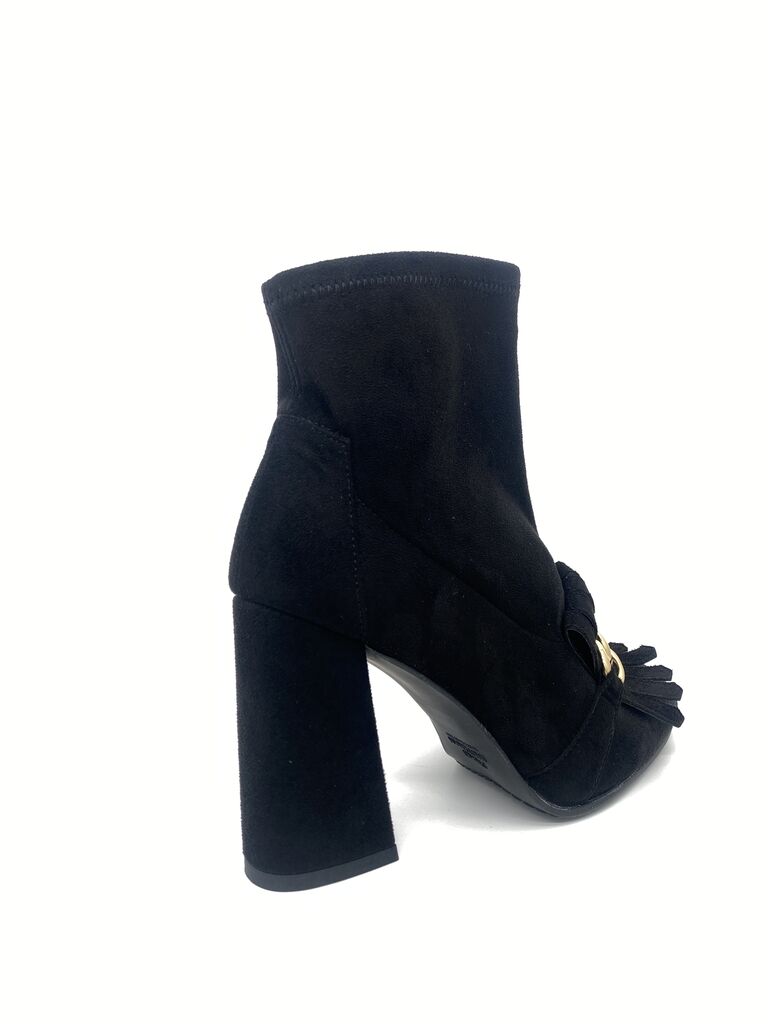 Black Suede Ankle Boots with Gold Chain Accent