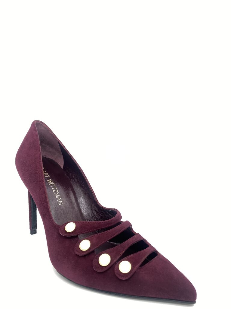 Burgundy Suede Stiletto Pump with Button Accents