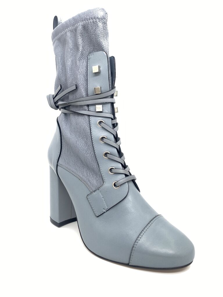 Gray Leather Lace-Up Ankle Boots with Chunky Heel