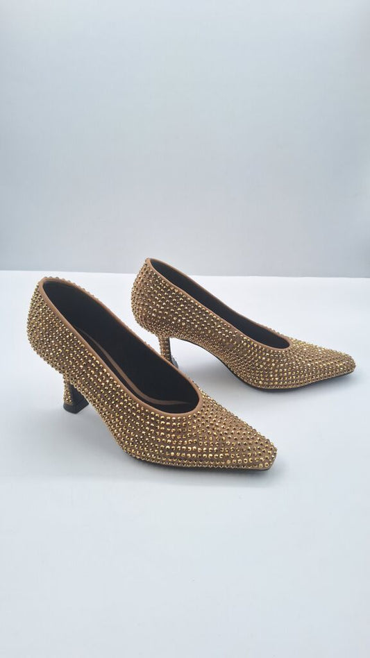 Gold Embellished Pumps with Mid Heel
