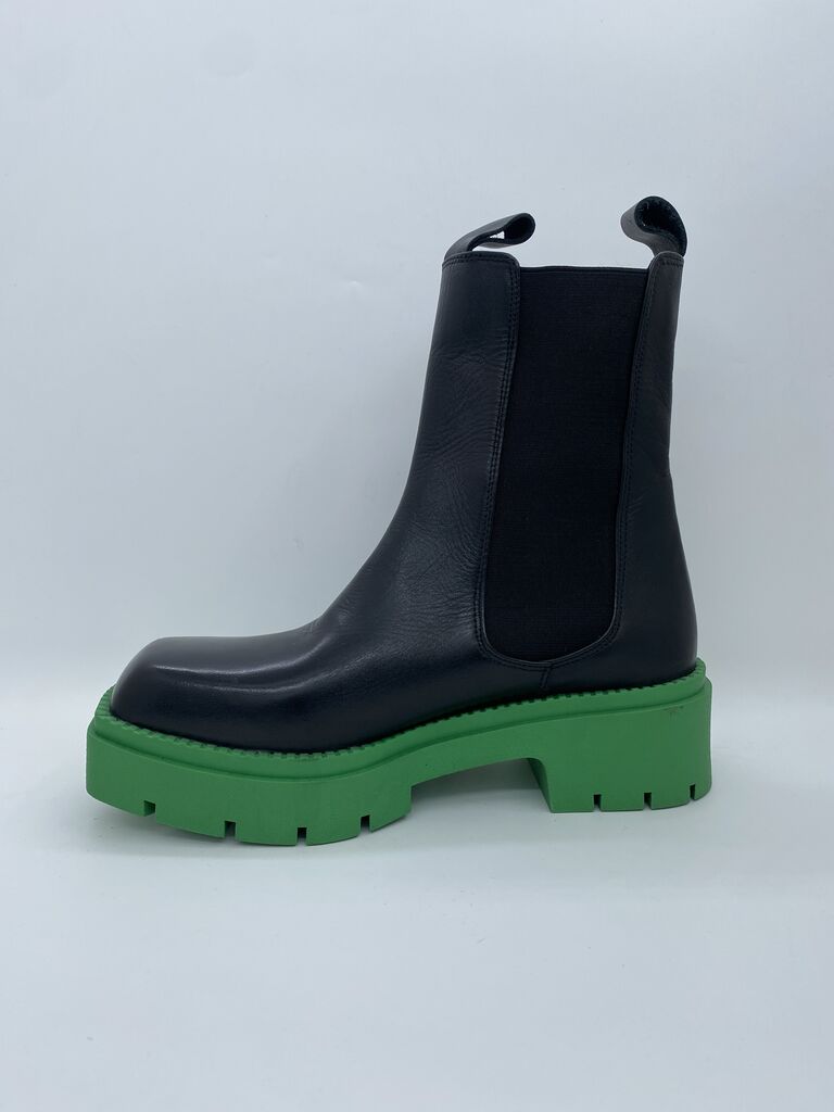 Black Leather Chelsea Boots with Green Sole