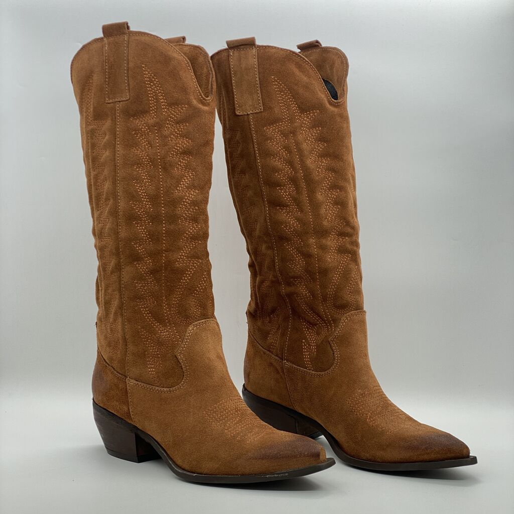 Brown Suede Cowboy Boots with Western Stitching