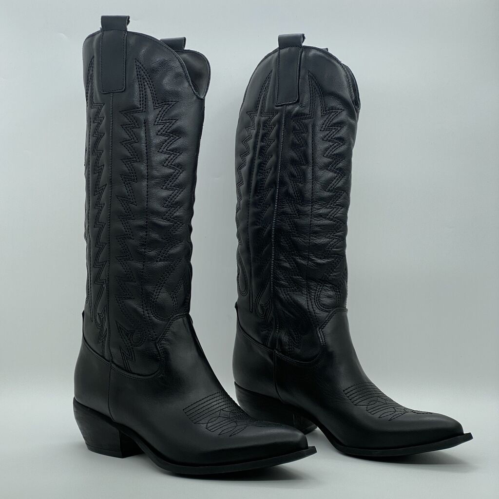 Black Leather Cowboy Boots with Embroidered Detail