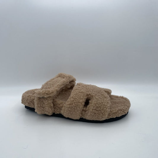 Beige Plush Slide Sandals with Double Straps