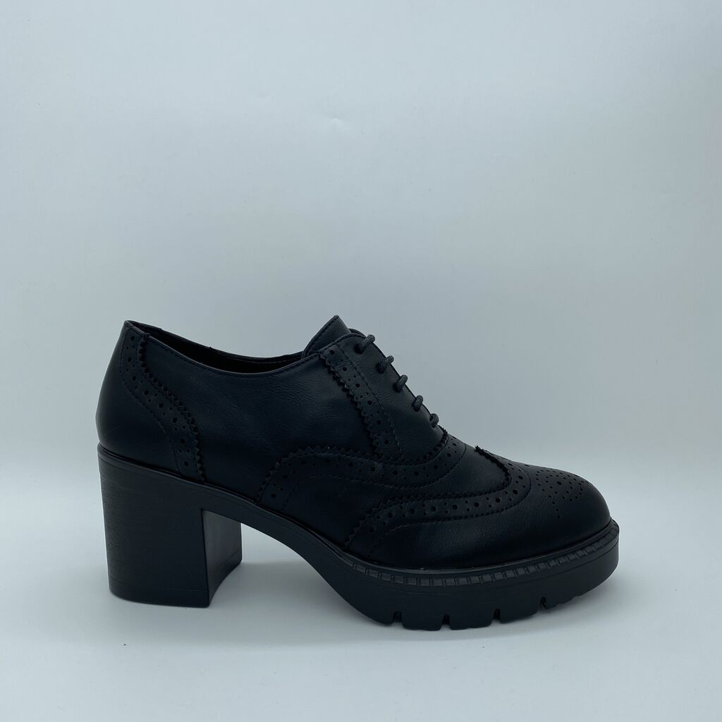 Black Brogue Leather Heeled Oxfords