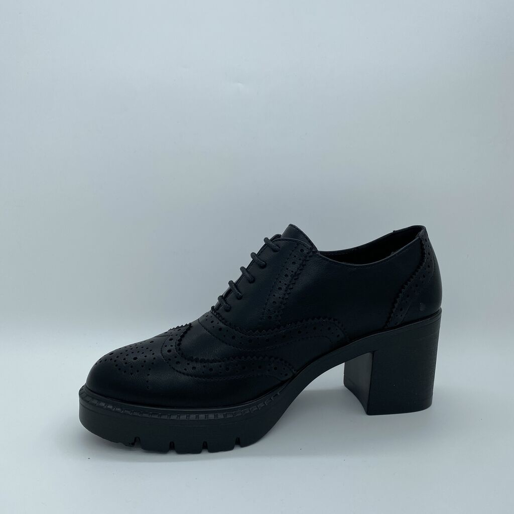 Black Brogue Leather Heeled Oxfords