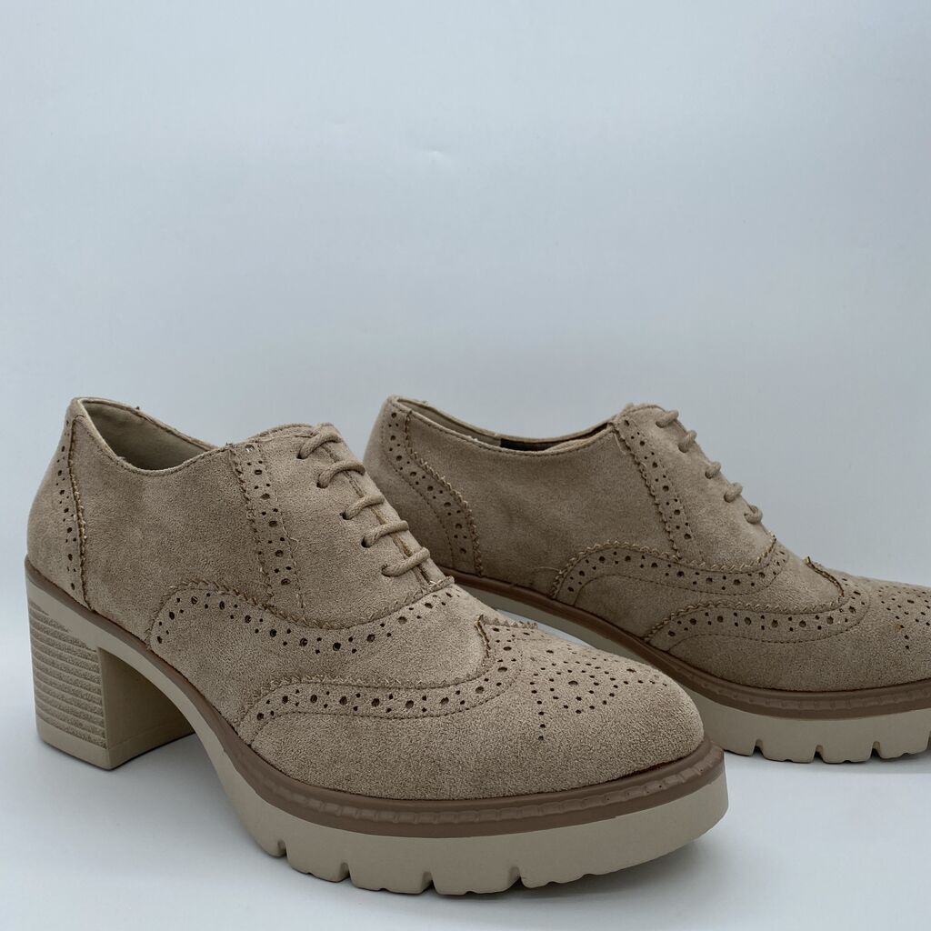 Beige Suede Block Heel Brogue
