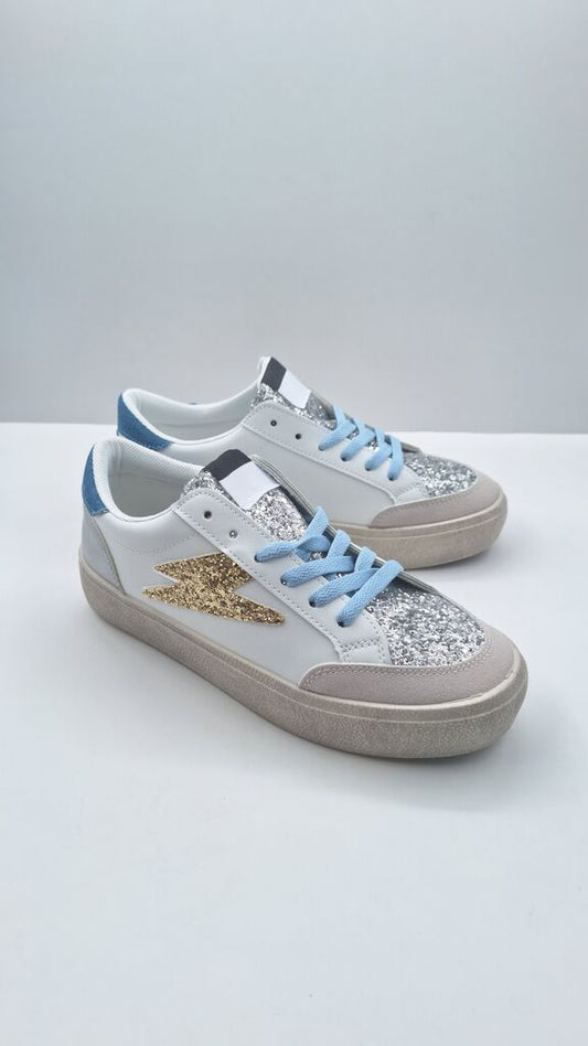 Blue Glitter Low-Top Sneakers with Lightning Detail