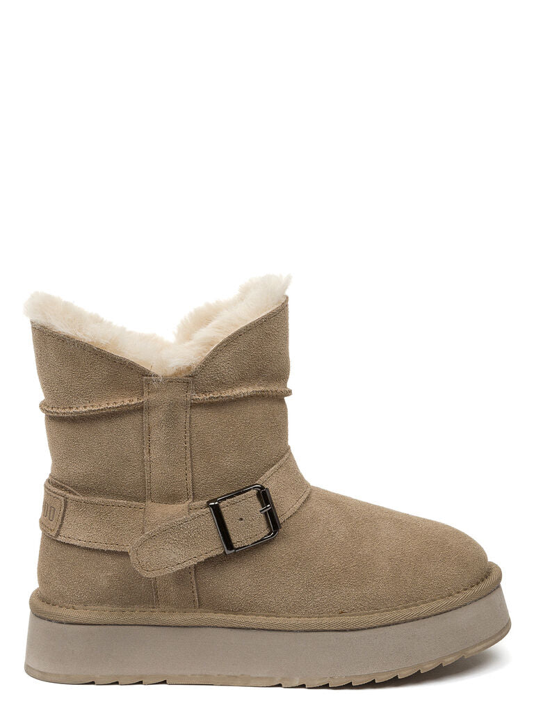 Taupe Suede Mid-Calf Boot with Buckle Detail