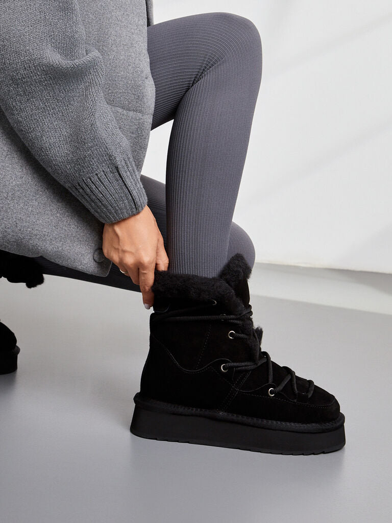 Black Cozy Lace-Up Ankle Boots with Plush Lining